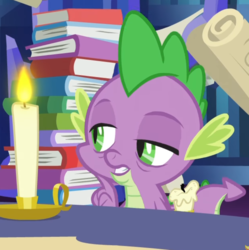 Size: 831x833 | Tagged: safe, screencap, spike, dragon, g4, shadow play, book, candle, fgsfds, lidded eyes, male, solo, tired, twilight's castle