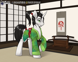 Size: 2500x2000 | Tagged: safe, artist:bluebender, oc, oc only, pony, unicorn, clothes, commission, curved horn, daisho, eastern unicorn, high res, horn, house, house interior, indoors, katana, male, panels, pinup, ponytail, rope, samurai, scar, stand, sword, tatami mat, wakizashi, weapon, wooden floor