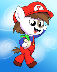 Size: 800x1000 | Tagged: safe, artist:empyu, pipsqueak, earth pony, pony, g4, clothes, colt, costume, facial hair, male, mario, moustache, solo