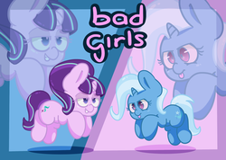 Size: 1966x1400 | Tagged: safe, artist:lou, starlight glimmer, trixie, pony, unicorn, g4, bad girl, badass adorable, chibi, cute, duo, duo female, female, floating, grin, smiling, tongue out, zoom layer