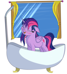 Size: 1116x1234 | Tagged: safe, artist:brok-enwings, twilight sparkle, alicorn, pony, g4, bathtub, blushing, chest fluff, claw foot bathtub, cute, eyes closed, female, floppy ears, happy, mare, open mouth, shower, simple background, smiling, solo, transparent background, twiabetes, twilight sparkle (alicorn), wet mane, wet mane twilight sparkle, window