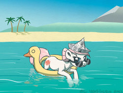 Size: 1077x813 | Tagged: safe, artist:el-yeguero, nurse redheart, earth pony, pony, g4, beach, female, floaty, hat, inflatable bird, inflatable duck, inner tube, looking at you, old cutie mark, paper hat, pool toy, solo, sunglasses, water