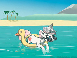 Size: 1077x813 | Tagged: safe, artist:el-yeguero, nurse redheart, earth pony, pony, g4, beach, female, floaty, hat, inflatable bird, inflatable duck, inner tube, looking at you, old cutie mark, opaque inflatable, paper hat, pool toy, solo, sunglasses, water