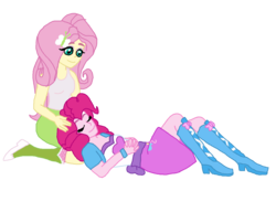 Size: 1330x1020 | Tagged: safe, artist:alicesbeatinghearts, artist:ktd1993, fluttershy, pinkie pie, equestria girls, g4, boots, comfort, comforting, duo, eyes closed, female, lesbian, ship:flutterpie, shipping, shoes, simple background, transparent background