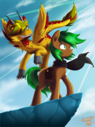 Size: 3516x4700 | Tagged: safe, artist:danmakuman, oc, oc only, oc:grit, oc:jaeger sylva, dracony, hybrid, absurd resolution, clothes, commission, couple, gay, male, missing cutie mark, oc x oc, scarf, shipping, sky, stallion