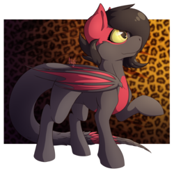 Size: 1689x1665 | Tagged: safe, artist:najti, oc, oc only, bat pony, dragon, hybrid, pegasus, pony, brave, commission, dragonified, folded wings, full body, happy, hoof in air, hooves, looking up, red and black oc, shading, solo, species swap, spikes, standing, tail, textured background, wings, yellow eyes