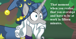 Size: 854x440 | Tagged: safe, edit, edited screencap, screencap, star swirl the bearded, pony, unicorn, g4, season 7, shadow play, bells, cloak, clothes, cropped, frown, gritted teeth, hat, late, male, oh crap face, ponehenge, shocked, shrunken pupils, solo, stallion, text, wide eyes