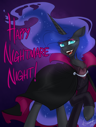 Size: 750x1000 | Tagged: safe, artist:cosmalumi, nightmare moon, alicorn, pony, tumblr:ask queen moon, g4, cloak, clothes, fangs, female, halloween, holiday, mare, smiling, solo