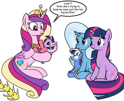 Size: 600x488 | Tagged: safe, artist:dekomaru, princess cadance, trixie, twilight sparkle, alicorn, pony, unicorn, tumblr:ask twixie, g4, ask, boop denied, cropped, female, lesbian, magical lesbian spawn, offspring, parent:trixie, parent:twilight sparkle, parents:twixie, ship:twixie, shipping, sisters-in-law, tumblr, unicorn twilight