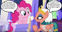 Size: 854x441 | Tagged: safe, edit, edited screencap, screencap, pinkie pie, somnambula, g4, season 7, shadow play, cropped, dialogue, eyeliner, eyeshadow, friendship throne, makeup, map room, misspelling, party planning, ship:pinkambula, speech bubble, throne, twilight's castle