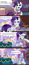 Size: 1000x2184 | Tagged: safe, artist:pridark, rarity, sweetie belle, pony, unicorn, g4, apron, carousel boutique, clothes, comic, duo, faint, female, filly, food, ketchup, mare, not blood, prank, sauce, screaming, table