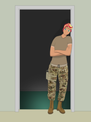 Size: 1500x2000 | Tagged: safe, artist:totallynotabronyfim, sunset shimmer, human, g4, alternate hairstyle, boots, camouflage, gun, holster, humanized, military, shoes, weapon
