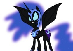 Size: 1585x1114 | Tagged: safe, artist:moonatik, derpibooru exclusive, nightmare moon, alicorn, pony, g4, armor, evil, evil grin, female, grin, helmet, horn, looking down, preview, simple background, smiling, solo, spread wings, transparent background, wings