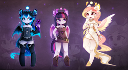 Size: 3709x2034 | Tagged: safe, artist:magnaluna, princess celestia, princess luna, twilight sparkle, alicorn, anthro, unguligrade anthro, alternate hairstyle, alternate universe, ambiguous facial structure, bat wings, belt, belt buckle, boots, bracelet, breasts, busty princess celestia, busty princess luna, busty twilight sparkle, cheek fluff, choker, cleavage, clothes, colored wings, corset, cute, cutelestia, cutie mark necklace, dress, ear fluff, evening gloves, gloves, jewelry, knife, long gloves, looking at something, lunabetes, magic, magic orb, nail polish, necklace, open mouth, regalia, scabbard, scroll, shoes, shoulderless, smiling, socks, thigh highs, twiabetes, twilight sparkle (alicorn), zettai ryouiki