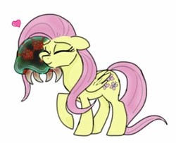Size: 386x313 | Tagged: safe, artist:zigragirl, fluttershy, metroid (species), pegasus, pony, g4, cuddling, cute, female, heart, mare, metroid, nuzzling, simple background, traditional art, white background