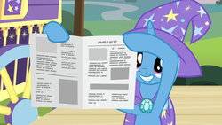 Size: 1280x720 | Tagged: safe, screencap, trixie, pony, unicorn, g4, uncommon bond, cape, clothes, cute, diatrixes, female, hat, holding, hoof hold, magic trick, mare, newspaper, raised hoof, smiling, solo, trixie's cape, trixie's hat, written equestrian