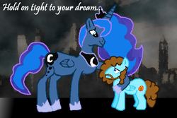 Size: 587x392 | Tagged: safe, artist:grapefruitface1, princess luna, oc, oc:electric light (jeff lynne pony), alicorn, pegasus, pony, g4, anatomically incorrect, comforting, complex background, dream, dream walker luna, electric light orchestra, elo, equestria light orchestra, female, hold on tight, implied shipping, incorrect leg anatomy, jeff lynne, male, mare, music, musician, parody, science fiction, song reference, stallion, steampunk, time travel
