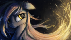 Size: 3840x2160 | Tagged: safe, artist:aurelleah, oc, oc only, oc:totalspark, pony, bust, electricity, embers, female, frown, high res, lightning, looking away, mare, not derpy, painting, simple background, solo, sparks, traditional art, trans female, transgender, wallpaper