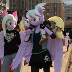 Size: 2000x2000 | Tagged: safe, artist:tahublade7, cloudchaser, dinky hooves, flitter, twinkleshine, pegasus, unicorn, anthro, plantigrade anthro, g4, 3d, bow, bus, carrying, city, clothes, daz studio, fingerless gloves, gloves, heart, high res, hotel, jeans, panties, pants, polka dot underwear, shirt, shoes, skirt, skirt lift, skull and crossbones, sneakers, story included, striped sweater, sweater, t-shirt, underwear, upskirt, white underwear