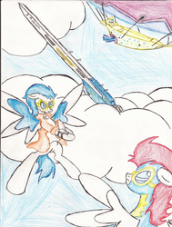 Size: 1660x2200 | Tagged: safe, artist:wyren367, oc, oc only, oc:friesian fighter pegasus, pegasus, pony, airship, blue background, clothes, cloud, combat, flying, friesian airship, goggles, simple background, spread wings, traditional art, wings, wonderbolts, zeppelin