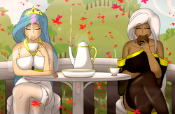 Size: 2355x1540 | Tagged: safe, artist:tyron91, princess celestia, oc, human, g4, balcony, breasts, busty princess celestia, clothes, commission, cookie, cup, eyes closed, female, food, humanized, humanized oc, smiling, teacup, teapot, tree
