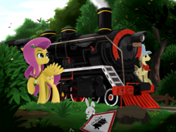 Size: 2048x1536 | Tagged: safe, artist:qzygugu, angel bunny, fluttershy, steamer, pegasus, pony, g4, female, forest, looking back, male, mare, raised hoof, sign, smiling, stallion, train, tree