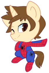 Size: 534x790 | Tagged: safe, artist:riouku, pony, chibi, crossover, male, marvel, one eye closed, parent:peter parker, ponified, simple background, smiling, solo, spider-man, transparent background, wink