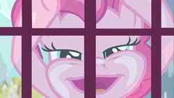 Size: 1366x768 | Tagged: safe, screencap, pinkie pie, earth pony, pony, canterlot boutique, g4, >rape, faic, female, mare, rapeface, solo, window