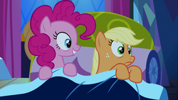 Size: 1366x768 | Tagged: safe, screencap, applejack, pinkie pie, pony, do princesses dream of magic sheep, g4, bed, female, mare, scared