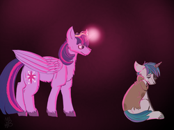 Size: 1600x1200 | Tagged: safe, artist:madamblackatto, stygian, twilight sparkle, alicorn, pony, unicorn, g4, shadow play, cloak, clothes, crying, element of magic, female, glowing, glowing horn, horn, male, mare, scene interpretation, stallion, twilight sparkle (alicorn)