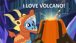 Size: 1280x720 | Tagged: safe, edit, edited screencap, screencap, trixie, pony, unicorn, g4, uncommon bond, clothes, costume, dragon costume, female, glowing horn, horn, mare, open mouth, smiling