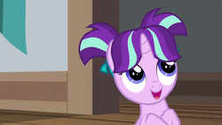 Size: 1280x720 | Tagged: safe, screencap, starlight glimmer, pony, unicorn, uncommon bond, cute, female, filly, filly starlight glimmer, glimmerbetes, open mouth, pigtails, smiling, solo, younger