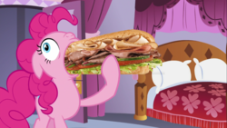 Size: 1366x768 | Tagged: safe, edit, edited screencap, screencap, pinkie pie, canterlot boutique, g4, crazy eyes, food, ponies eating meat, swallowing
