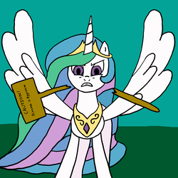 Size: 4000x4000 | Tagged: safe, anonymous artist, princess celestia, alicorn, pony, g4, 4chan, angry, behaving like a bird, biting, colored, drawthread, female, frown, funny, glare, green background, gritted teeth, irony, looking at you, majestic as fuck, mare, ponified animal photo, sign, simple background, solo, spread wings, swanlestia, wing hands, wings