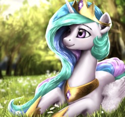 Size: 1508x1410 | Tagged: dead source, safe, artist:makkah, princess celestia, alicorn, pony, g4, beautiful, crown, cute, cutelestia, female, flower, grass, hoof shoes, jewelry, mare, prone, regalia, scenery, smiling, solo, tree