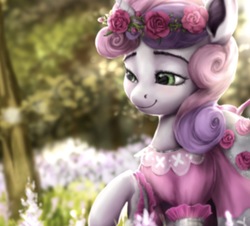 Size: 1166x1055 | Tagged: dead source, safe, artist:makkah, sweetie belle, pony, unicorn, g4, clothes, dress, female, filly, floral head wreath, flower, raised hoof, smiling, solo