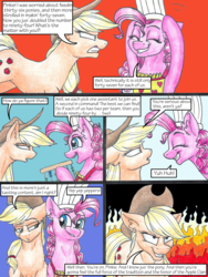 Size: 3000x4000 | Tagged: safe, artist:tillie-tmb, applejack, pinkie pie, pony, comic:the amulet of shades, g4, abacus, chef's hat, comic, fire, hat, high res, traditional art