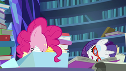 Size: 1920x1080 | Tagged: safe, screencap, pinkie pie, rarity, earth pony, pony, unicorn, g4, shadow play, asleep on the job, book, female, mare, sleeping