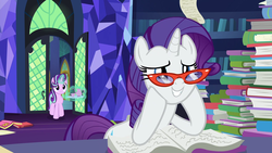 Size: 1920x1080 | Tagged: safe, screencap, rarity, starlight glimmer, pony, unicorn, g4, shadow play, book, cup, female, glasses, mare, rarity's glasses, teacup