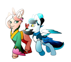 Size: 800x700 | Tagged: safe, artist:xnovafox, oc, oc only, oc:peach frost, oc:soaring sky, pegasus, pony, unicorn, clothes, dress, female, gala dress, mare, simple background, transparent background