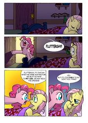 Size: 1472x2049 | Tagged: safe, artist:sl0ne, fluttershy, pinkie pie, earth pony, pegasus, pony, comic:day in pet con, g4, comic, dialogue, duo, eyes closed, female, mare, morning, one eye closed, open mouth, sleeping, speech bubble, waking up