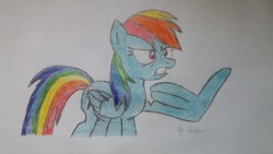 Size: 4128x2322 | Tagged: safe, artist:bender-drede, rainbow dash, g4, parental glideance, angry, feather fingers, female, solo, traditional art, wing hands, wings