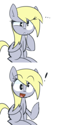 Size: 1280x2560 | Tagged: safe, artist:lilboulder, derpy hooves, pegasus, pony, g4, ..., exclamation point, female, mare, open mouth, raised leg, simple background, sitting, solo, sudden realization, thinking, white background