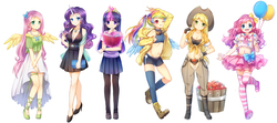 Size: 1500x667 | Tagged: safe, artist:eminya, applejack, fluttershy, pinkie pie, rainbow dash, rarity, twilight sparkle, human, g4, anime, apple, balloon, belly button, book, boots, breasts, cleavage, clothes, cowboy hat, cute, dress, female, food, hat, high heels, horn, horned humanization, humanized, mane six, mare, midriff, one eye closed, pantyhose, pleated skirt, shoes, short shirt, shorts, simple background, skirt, socks, stetson, striped socks, thigh highs, white background, winged humanization, wings, wink