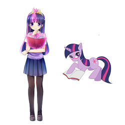Size: 800x800 | Tagged: safe, artist:eminya, twilight sparkle, human, pony, unicorn, g4, anime, book, clothes, female, glasses, horn, horned humanization, humanized, magic, mare, self ponidox, shoes, simple background, socks, stockings, thigh highs, white background