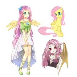 Size: 800x800 | Tagged: safe, artist:eminya, fluttershy, bat pony, human, pegasus, pony, g4, anime, breasts, cleavage, clothes, cute, female, flutterbat, humanized, mare, race swap, self ponidox, shyabetes, simple background, white background, winged humanization, wings