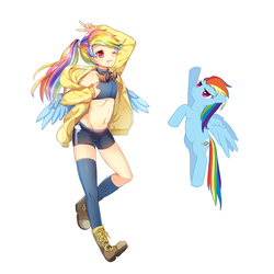 Size: 800x800 | Tagged: safe, artist:eminya, rainbow dash, human, pegasus, pony, g4, alternate hairstyle, anime, belly button, boots, clothes, female, goggles, humanized, kneesocks, mare, midriff, one eye closed, self ponidox, shoes, shorts, simple background, socks, sports bra, sports shorts, thigh highs, white background, winged humanization, wings, wink