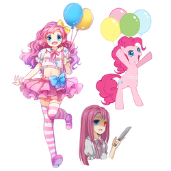 Size: 800x800 | Tagged: safe, artist:eminya, pinkie pie, earth pony, human, pony, g4, anime, balloon, belly button, clothes, female, humanized, knife, mare, midriff, open mouth, pinkamena diane pie, pixiv, self ponidox, shoes, simple background, socks, striped socks, white background