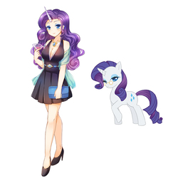 Size: 800x800 | Tagged: safe, artist:eminya, rarity, human, pony, unicorn, g4, anime, breasts, cleavage, clothes, dress, female, glass, glasses, high heels, horn, horned humanization, humanized, jewelry, mare, necklace, purse, self ponidox, shoes, simple background, white background, wine glass