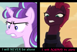 Size: 1350x920 | Tagged: safe, edit, screencap, starlight glimmer, tempest shadow, g4, my little pony: the movie, the cutie map, alone, angry, comparison, contrast, cropped, gritted teeth, looking down, text